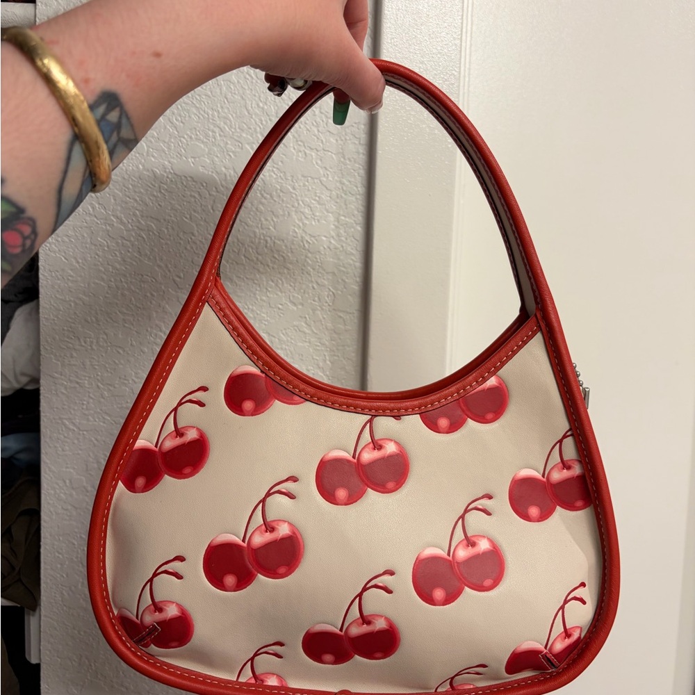 Cream and Red Cherry Print Shoulder Bag